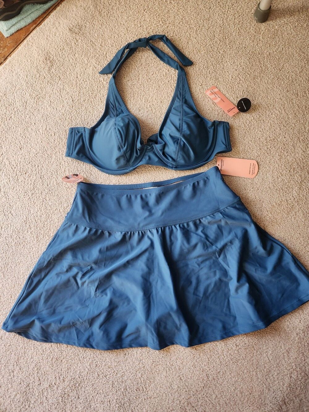 Shapermint Essentials Turquoise Blue Halter Bikini Top & Swim Skirt Size XL NWT